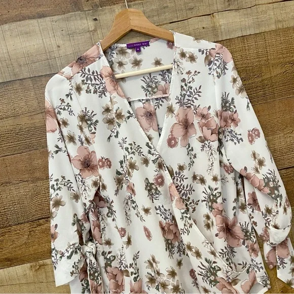 Floral Blouse, Wrap Style, Flowy, 3/4 Length Sleeves, Longer in Back - Picture 3 of 11